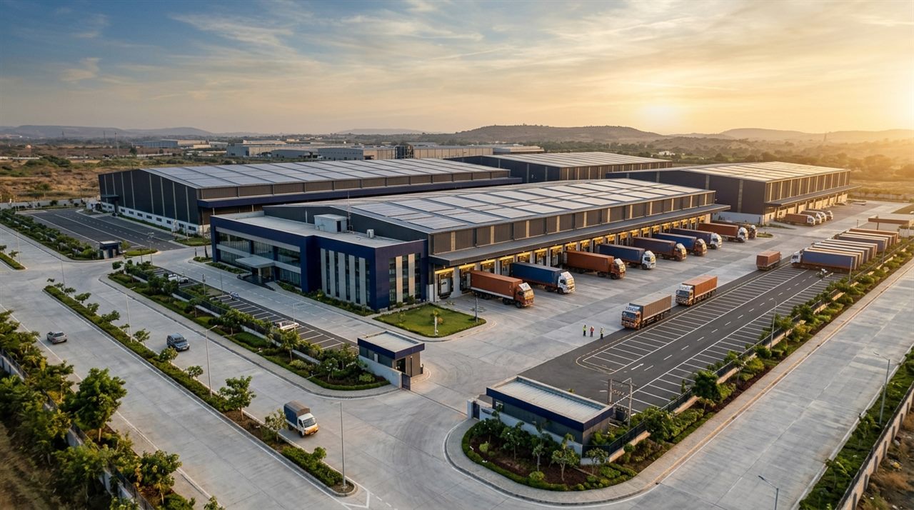 Modern Indian industrial manufacturing facility with solar roof panels and logistics infrastructure
